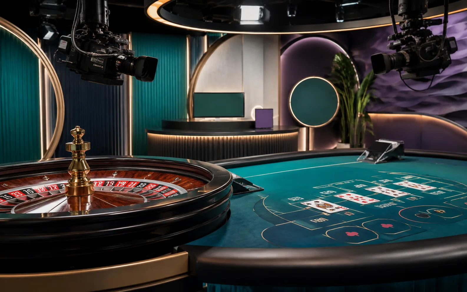 Ilustrasi meja live casino generik dan perangkat siaran